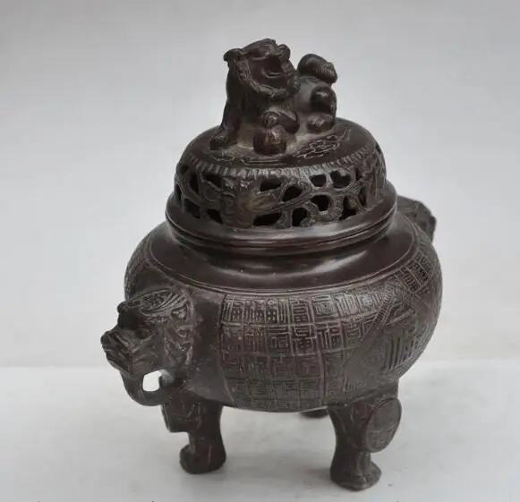 

S05979 6" chinese fengshui bronze foo dog lion beast head statue incense burner Censer