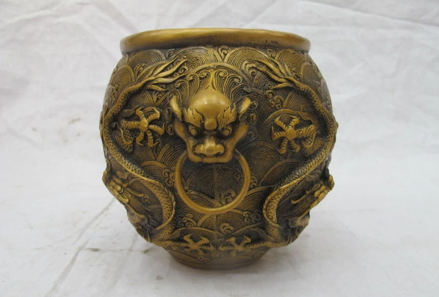 

China Bronze Two Dragon play ball Lion Bead Bowl Tank Pot Incense Burner a 0518