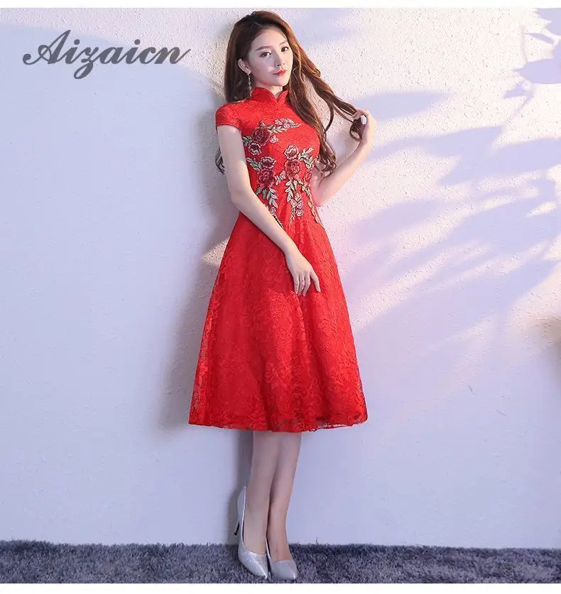 Encaje rojo boda Qipao mucho Cheongsam chino tradicional vestido Ретро Qi Pao de las Mujeres de China 2019 vestidos de noche