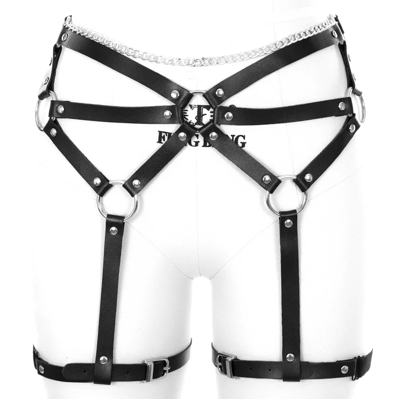 Leather Harness Stockings High Chain Garter Belt for Women Black Sexy Bondage Fetish O ring Thong Festival Cosplay Party Dance