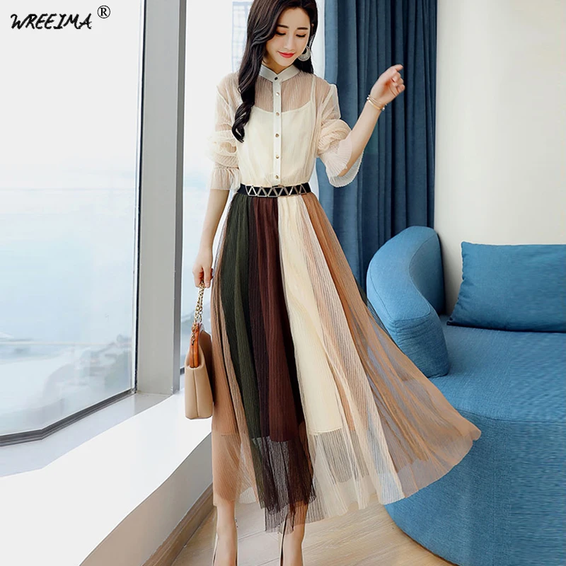 

plus size XL 2XL Autumn 2018 Casual women dress Long sleeve Stand Neck Mesh/Patchwork Natural waist white maxi Dresses vestidos