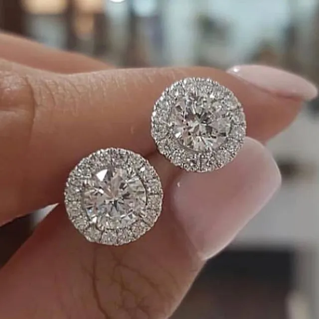 Female Luxury Crystal Round Stud Earrings Vintage Silver Color Wedding Jewelry White Zircon Stone Earrings For Women 1