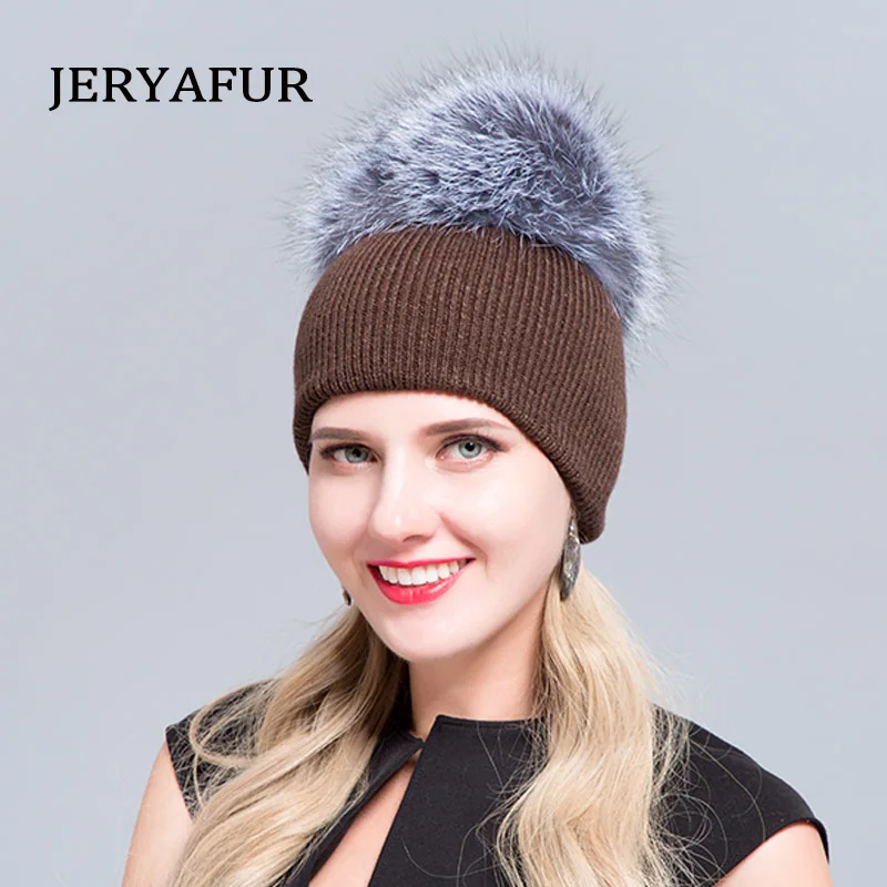 JERYAFUR, зимняя женская лыжная шапка,, стильная русская шерсть, лиса, Модная Кожаная шапка, вязаная, с ушками, защитная, двухэтажная шапка