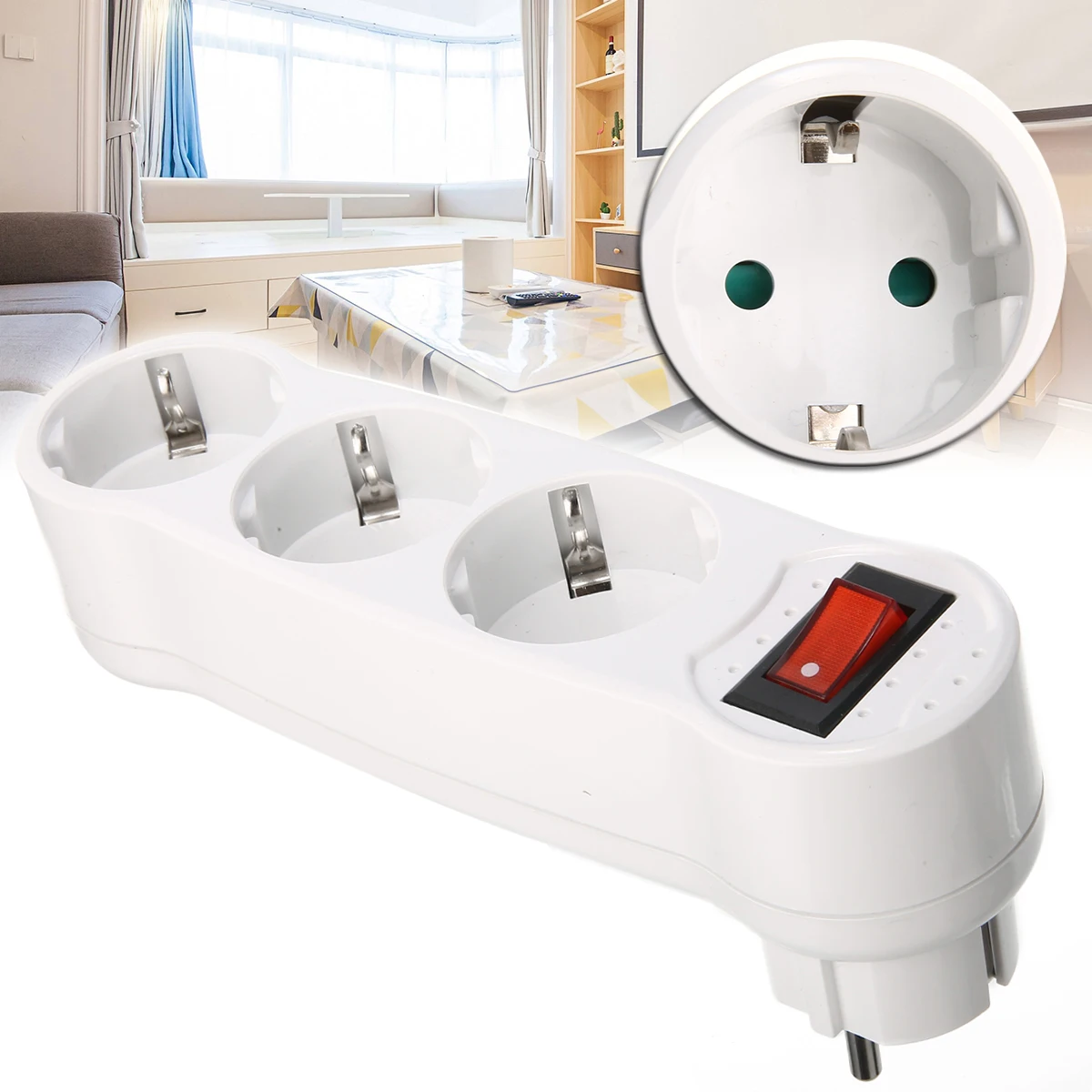 250V 16A EU Plug European Electric Adapter Multiple Outlet Extension Socket Home Electronics Charging White 3-way Plug Adapter