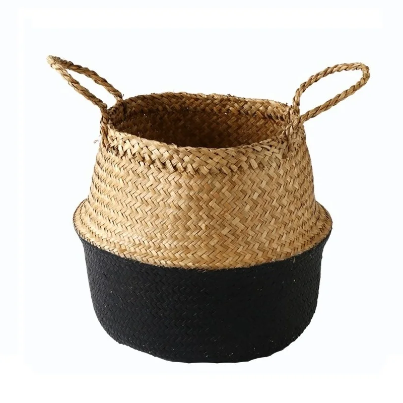 Garden Plant Flower Pot Handmade Rattan Storage Basket Foldable Seagrass Straw Hanging Woven Handle Toy Storage Container 1Pc