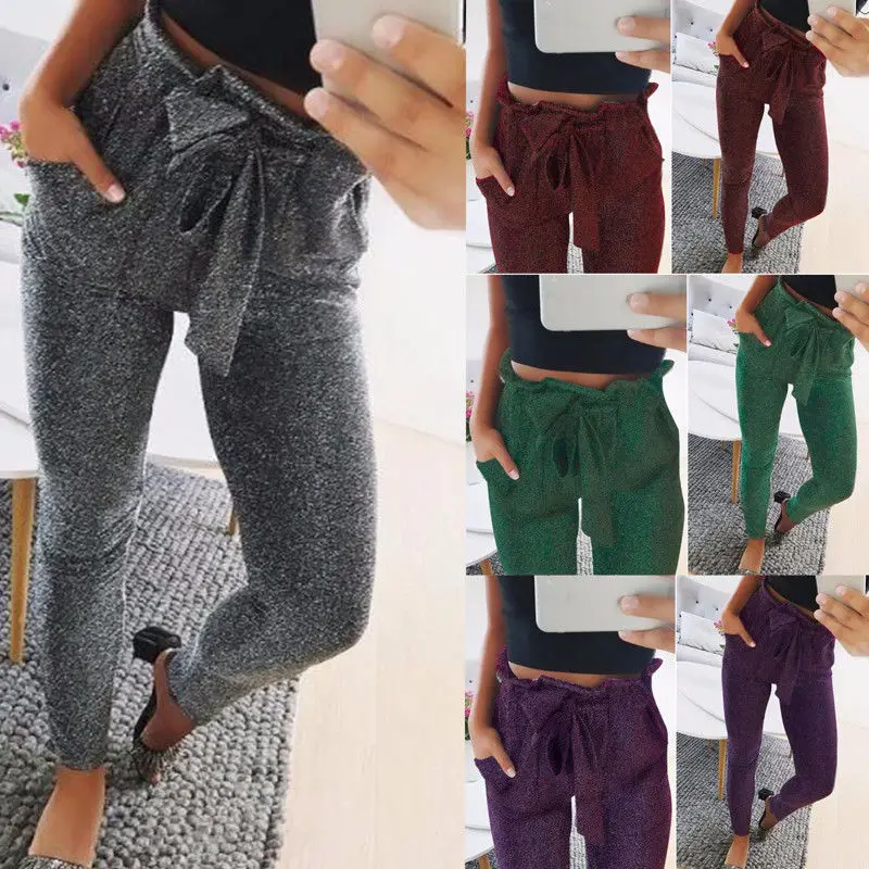 

2018 Brand New Women Casual Cotton Slim Pants Ladies Lace up High Waist Long Autumn Trousers