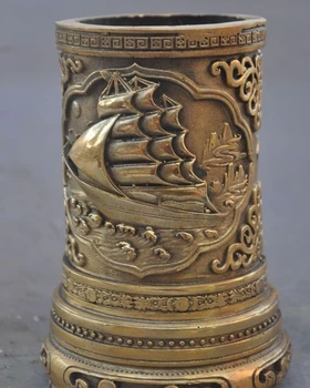 

14cm marked chinese fengshui brass Sailboat brush pot pencil vase