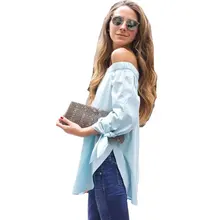 Womens Pops And Blouses Long Sleeve Off The Shoulder Knotted Blouse Nice Elegant Loose Slash Neck Blue Summer Shirt Blouse Femme