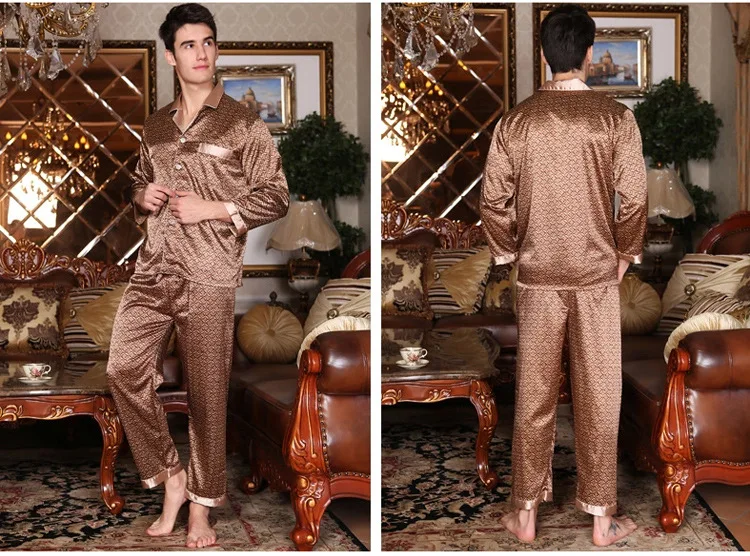 mens satin pajama set Men's Long Sleeve Silk Homewear Male Spring Summer Long Sleeves Pyjamas Lapel Handsome Luxurious Silk Nightwear 2pcs D-2183 soft cotton pyjamas