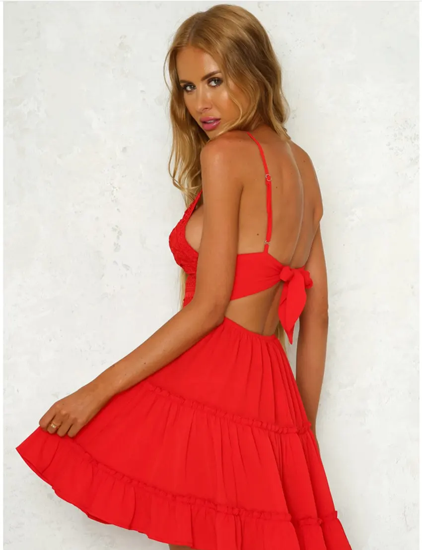 SEXMKL Backless Women Sexy Red Dress 2018 Summer Cocktail Party Slim Badycon Short Beach Mini Dresses Female White Lace Dress