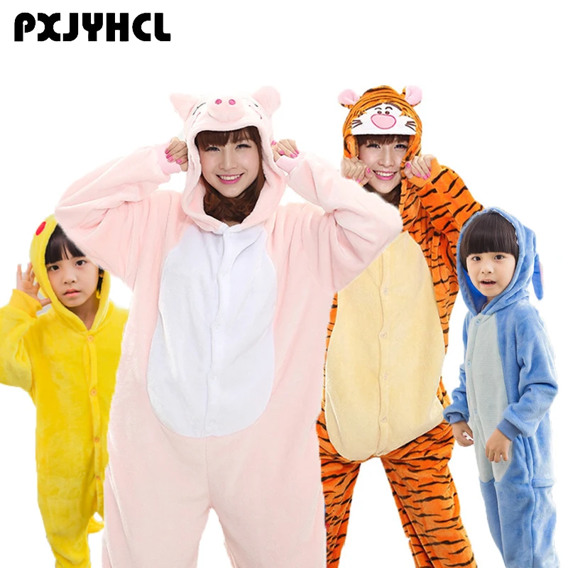 

Adult Kid Women Anime Kigurumi Pajamas Animal Pink Pig Tiger Blue Stitch Pikachu Cosplay Costume Onesies For Boy Girls Funny