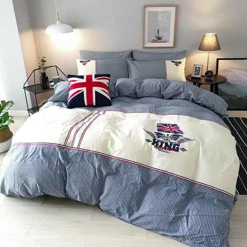 New 4Pcs British Style Bedding set stripe Embroidery washed Cotton