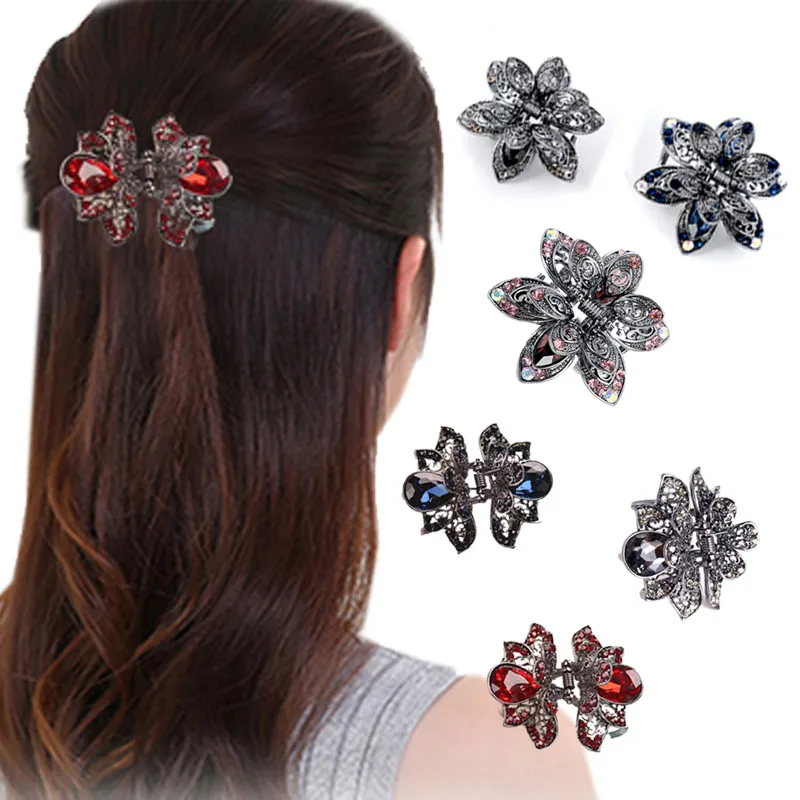 

Fashion Vintage 1pc Big Crystal Flower Hair Claws Wedding Hair Clip Women Hair Jewelry Charm Ancient Silver Hair Accessories