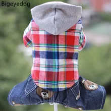 Bigeyedog собачья одежда, зимний теплый комбинезон, джинсовые штаны, клетчатое пальто, Одежда для питомцев, толстовка с капюшоном, костюм для собак, Йоркский пудель