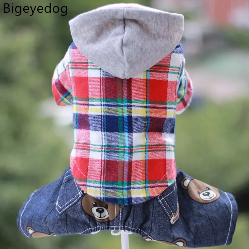 Bigeyedog Dog Clothes Winter Warm Jumpsuit Denim Jeans Pants Plaid Coat