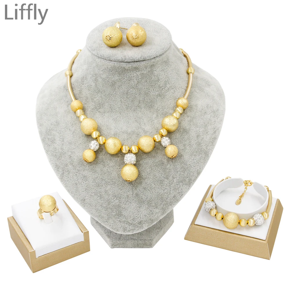 

Roes.Store Fashion Bride Dubai Jewelry Sets Gold Necklace Crystal Bead Bracelet Ring Wedding & Engagement Jewelry