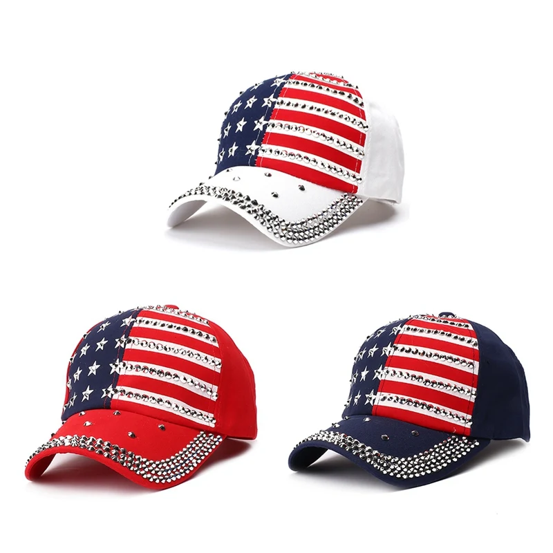 

Baseball Cap Sparkle Rhinestone Decorative American Flag Printed Hat Adjustable Back Closure President Election Accessories
