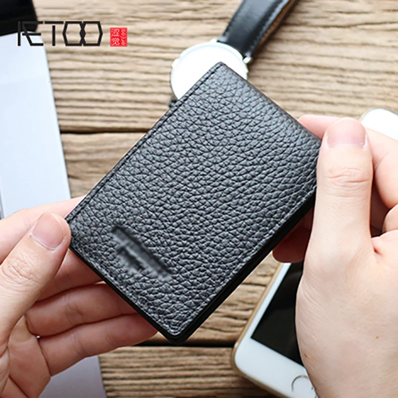 

AETOO Head cowhide Card bag men's original leather vertical magnetic buckle card package business full leather small coin wallet