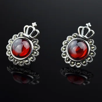 

925 silver inlaid Mosaic ore, red corundum/ green crown stud earrings