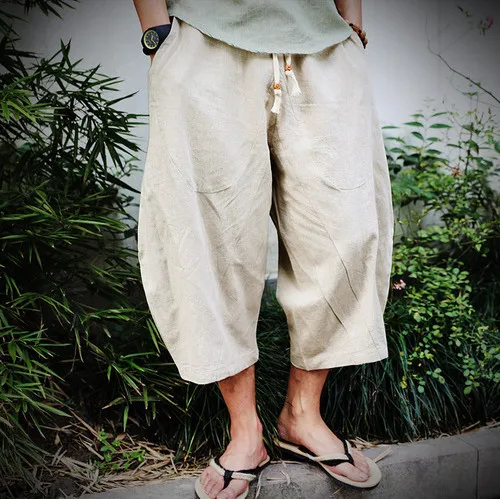 Japanese Mens Samurai Pants Trousers Hakama Boho Harem Skirts Linen Summer 2018 