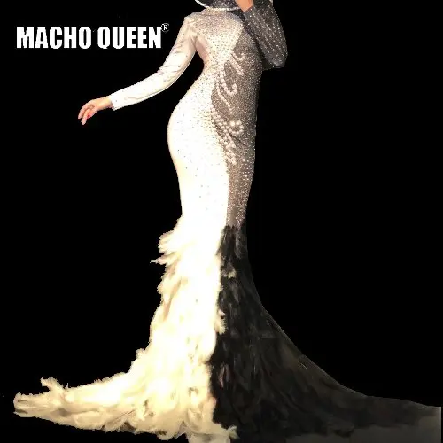 Drag queen костюмы люкс Стразы жемчуг перо сексуальное выпускное платье для ночного клуба длинное платье макси для празднования дня рождения платья - Цвет: 1808314991