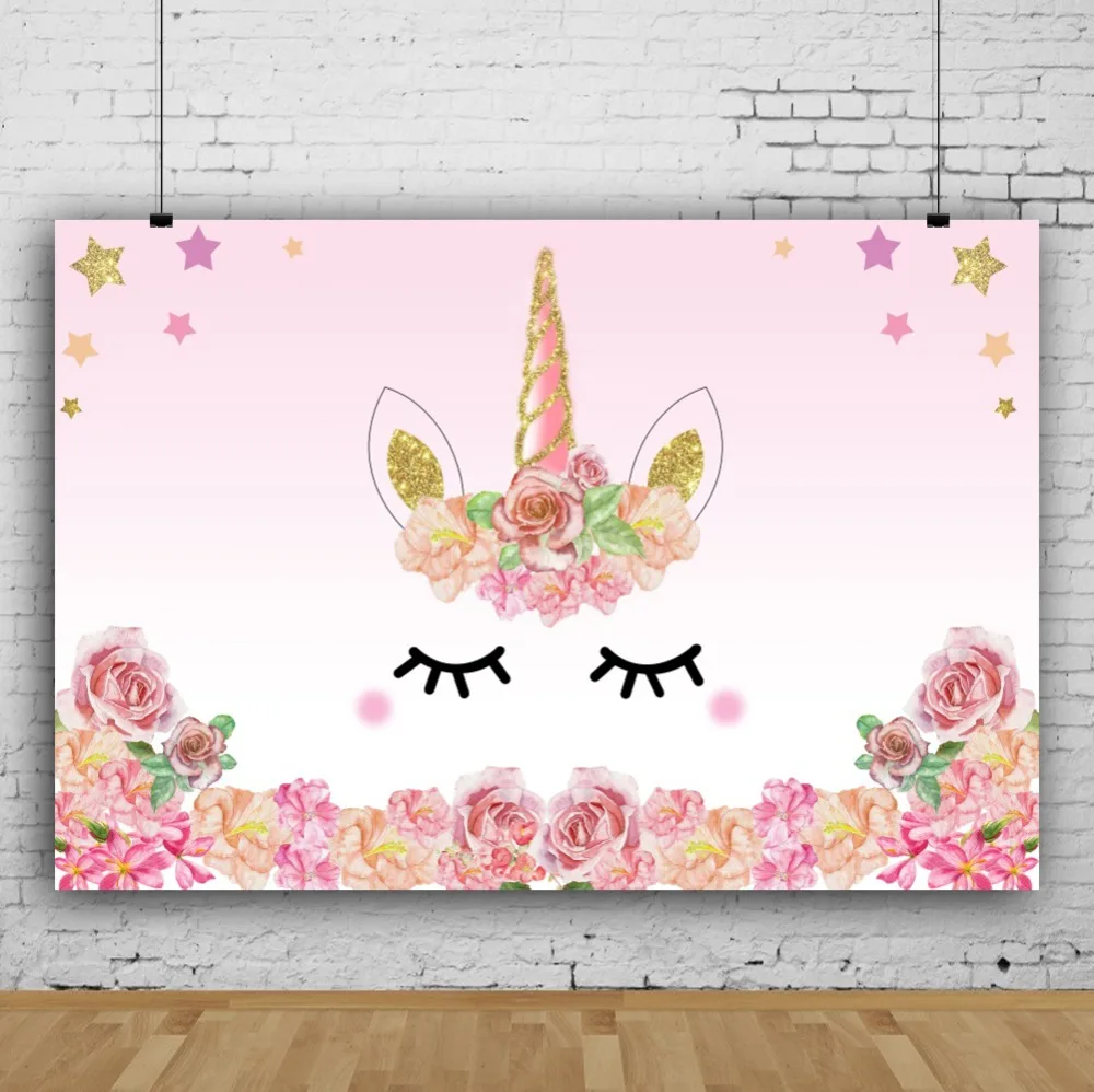 Laeacco Sweet Unicorn Party Happy Baby Birthday Gold Star Flower Child Photography Background Photography Backdrops Photo Stuido