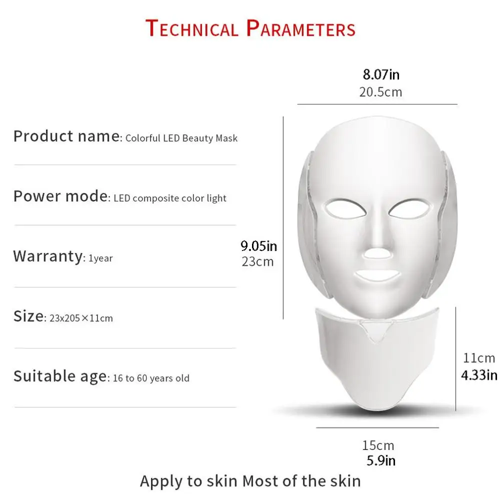 Светодиодный спектрометр, 7 цветов, маска для лица, светодиодный светильник, маска для лечения акне и шеи, Корейская маска для ухода за кожей, OPP пакет