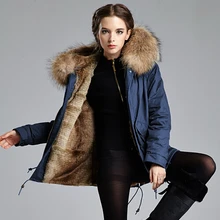 Темно-синяя парка с подкладкой из искусственного меха и большим воротником из меха енота в S-4XL для женщин и мужчин зимнее пальто