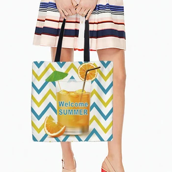 

Orange Juice Wave Stripes Back Printed Tote Bag For Shopping Travel Double Sided Printing White Canvas Hand Bags Welcome Summer