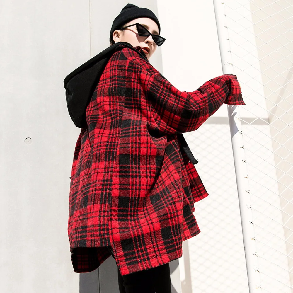 

TREND-Setter 2018 Spring Fashion Red Plaid Jacket Women Wool Casual High Street Autumn BF Style Jacket Hooded for Young Girl