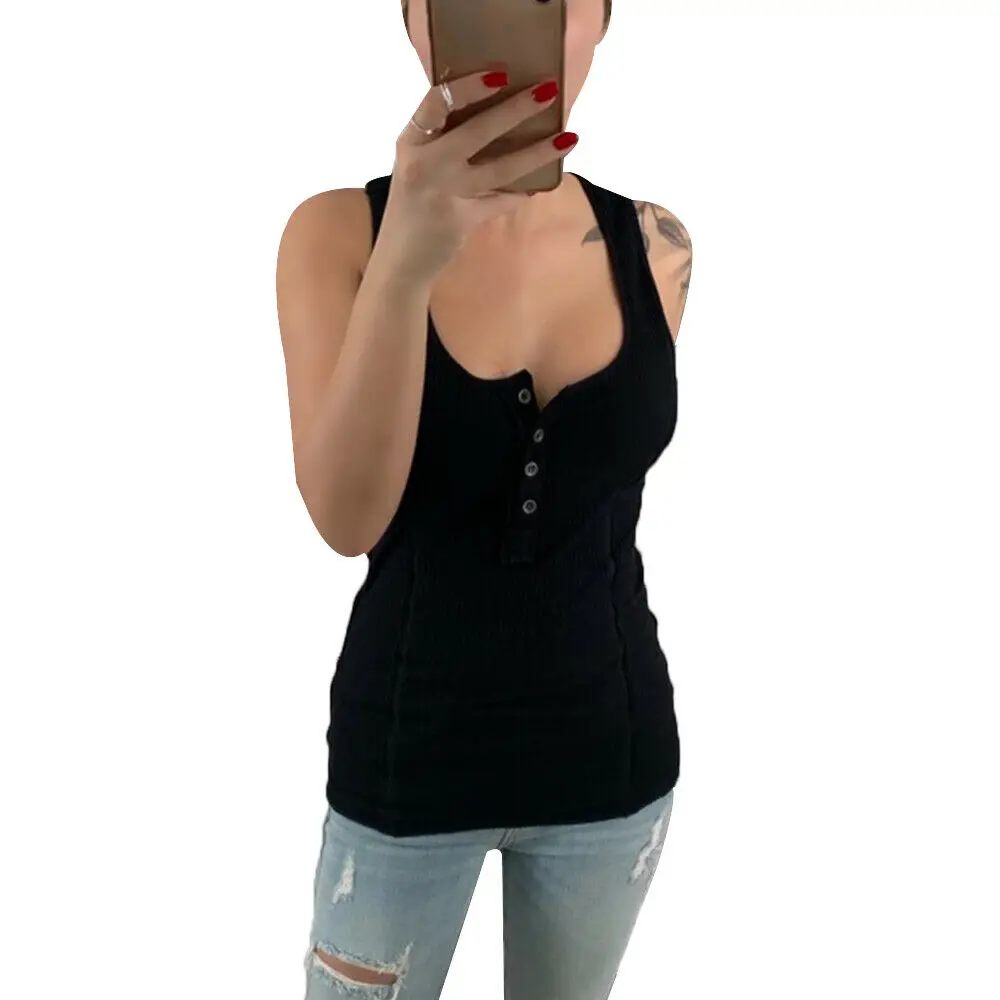 Summer New Ladies Casual Street Daily Sleeveless Solid Skinny Tank Top Vest Women High Quality Scoop Neck Low Cut Button Vest