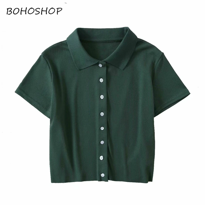 

Vintage fashion Women harajuku short T-shirt Fashion sexy Crop Top solid color Cotton Tops Turndown Collar dance Shirt
