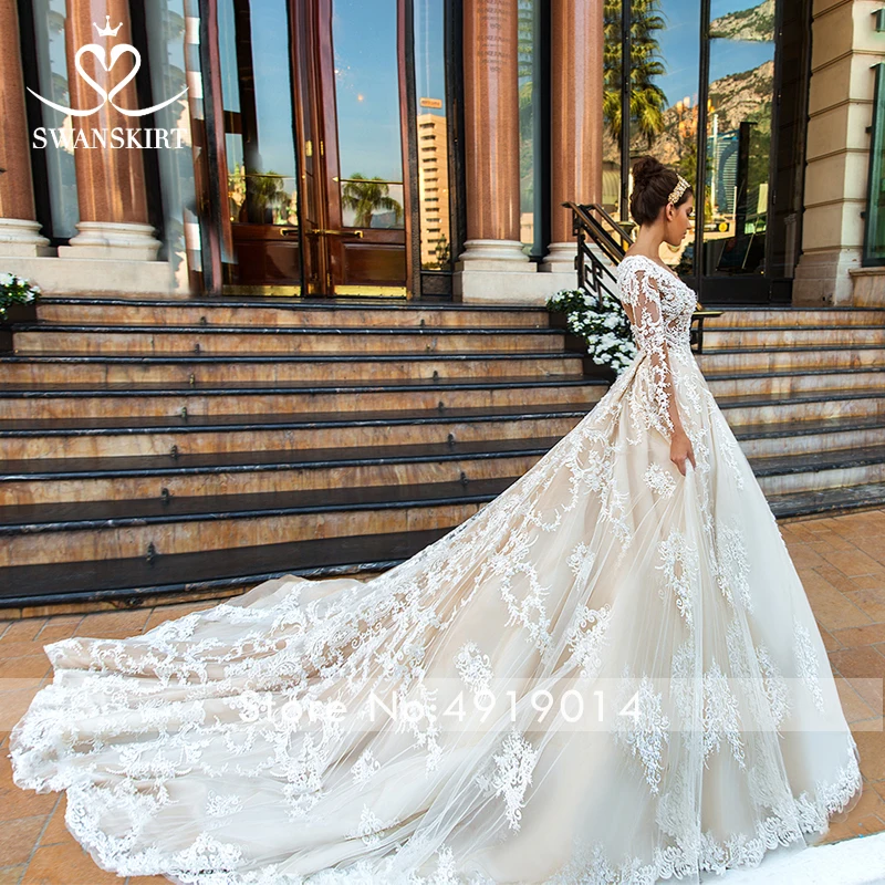 Роскошные свадебные платья Swanskirt с длинным рукавом и аппликацией, новинка, Свадебное бальное платье принцессы с длинным шлейфом, Vestido De Noiva F173