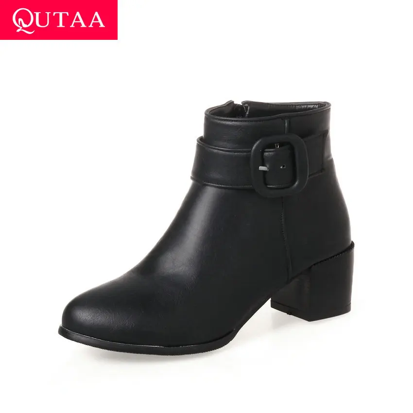 

QUTAA 2020 Women Winter Ankle Boots Square Heel Casual Round Toe Shoes Buckle Decoration Zipper Short Boots Big Size 34-43