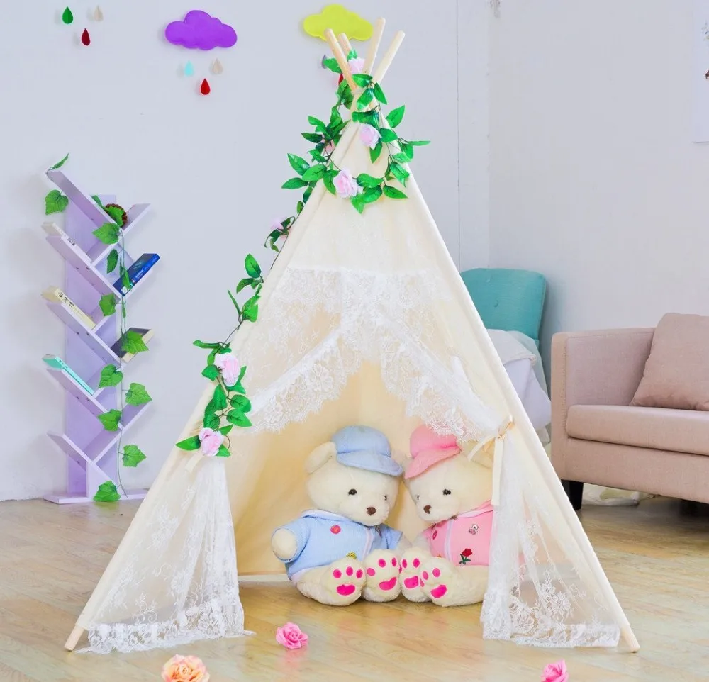 

Natural Canvas Floral Lace Girls Princess Teepee Play Tipi Tent Wigwam Playhouse