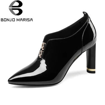 

BONJOMARISA Brand Black Pumps Women Genuine Leather Autumn 2020 slip-on Patent High Heels Shoes Woman Ol Work Shoes