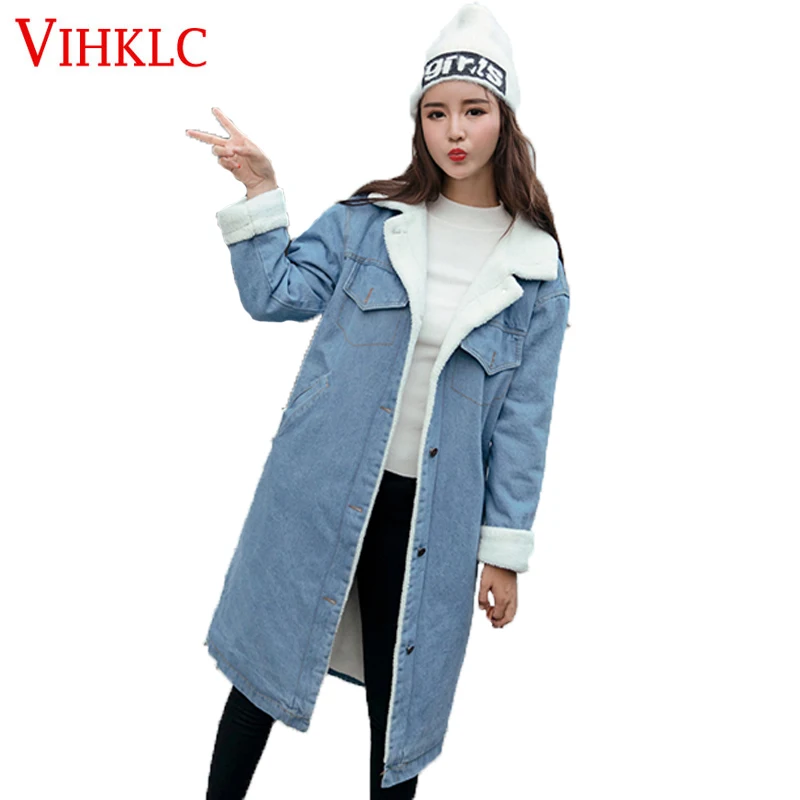 Демисезонный Новинка зимы Для женщин овечьей шерсти джинсовое пальто с 4 карманами одежда с длинным рукавом теплые джинсы пальто Верхняя одежда Широкие джинсовые B923