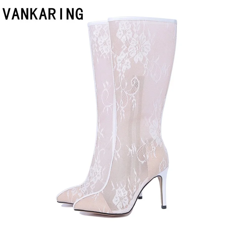

vankaring autumn dress shoes women boots black motorcycle boots knee high boots for women sexy lace mesh high heels party shoes