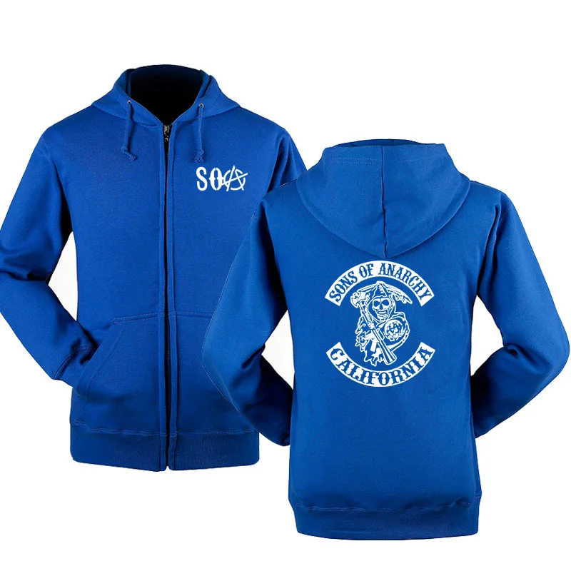 SOA Sons of anarchy/Новая модная мужская спортивная одежда с капюшоном на молнии, мужская повседневная толстовка, флисовое теплое худи в стиле хип-хоп - Цвет: Синий