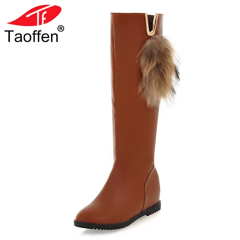 

TAOFFEN Women Flats Boots Bowknot Round Toe Winter Women Shoes Inside Fur Warm Knee Boots Plush Heeled Footwear Size 34-43