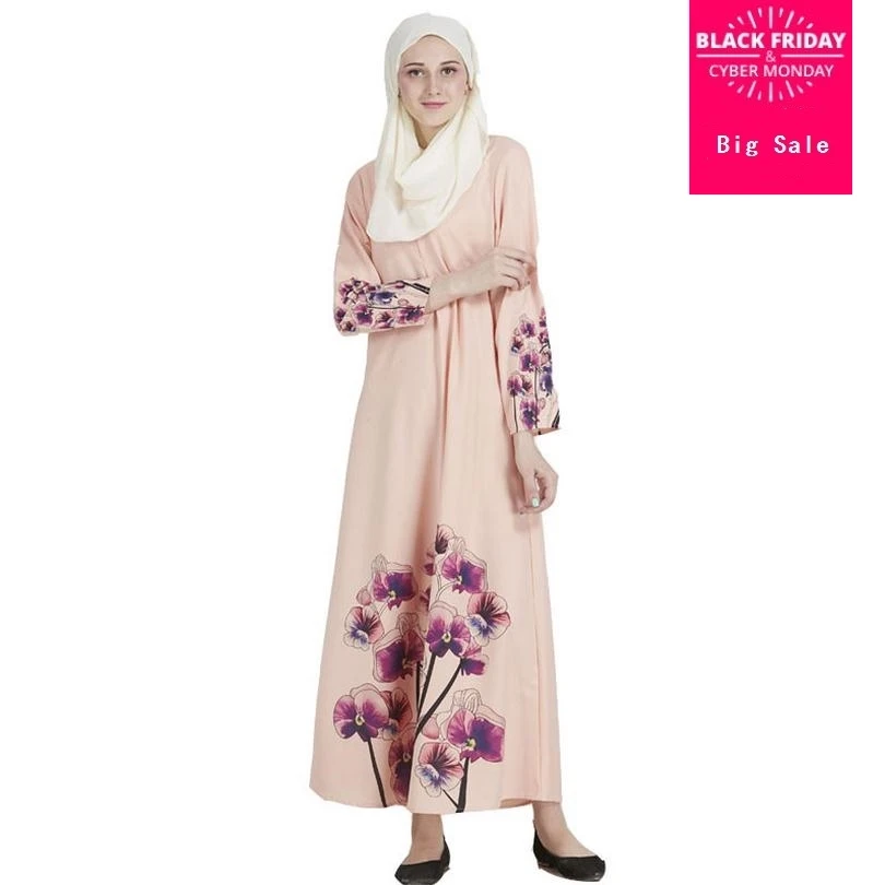 Elegant printed Muslim Linen Abaya Arab Turkish Singapore Jilbab Dubai