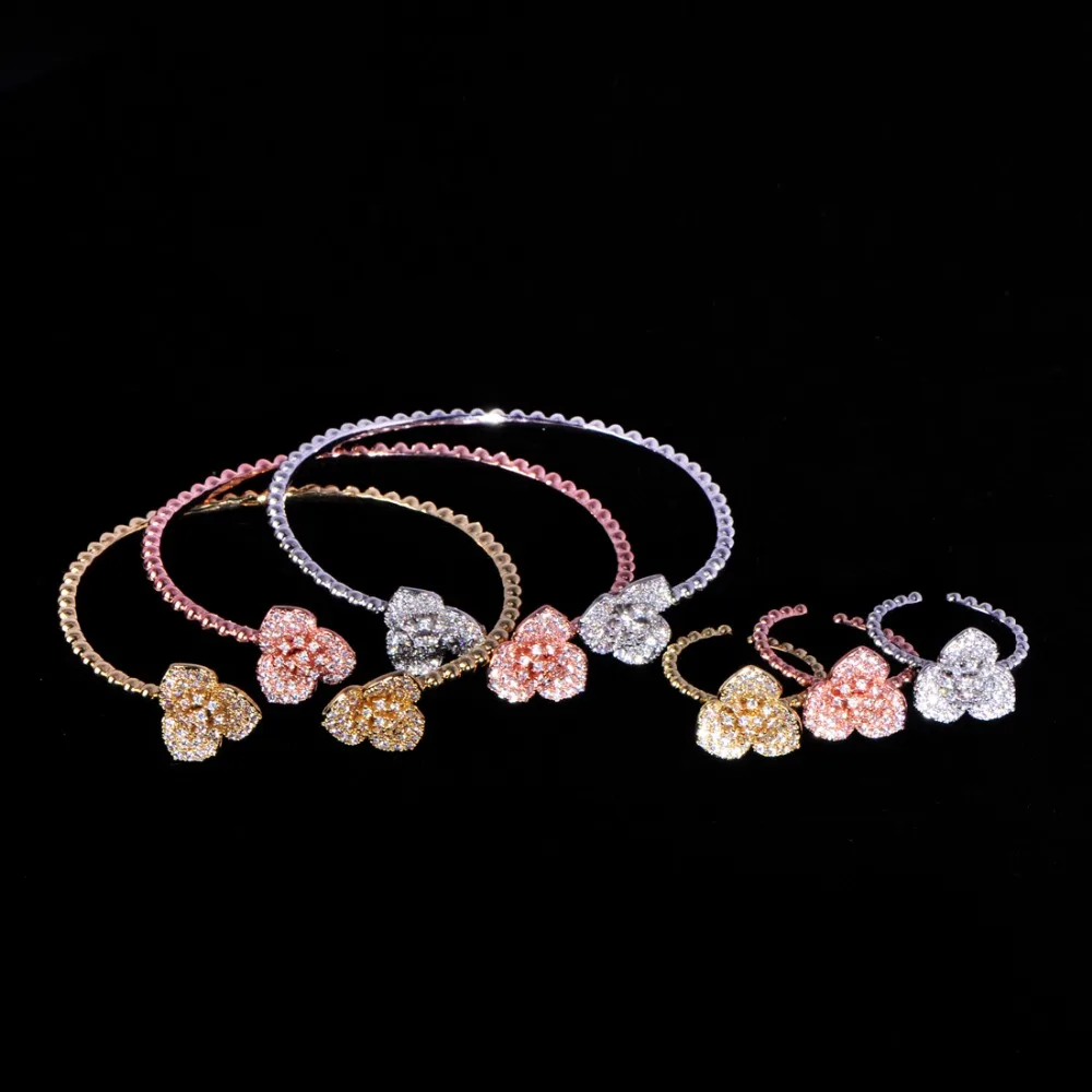 

MECHOSEN 6pc Exquisite Luxury Bangle Ring Sets Copper Tricolor Flower Petal Jewelry For Women Engagement Bride Wedding Set Gifts