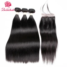 BeauHair Peruvian Hair 4Bundles with 4*4 Lace Closure Deal Straight Human Hair Weaving Bundle Natural Black Human Hair Extension