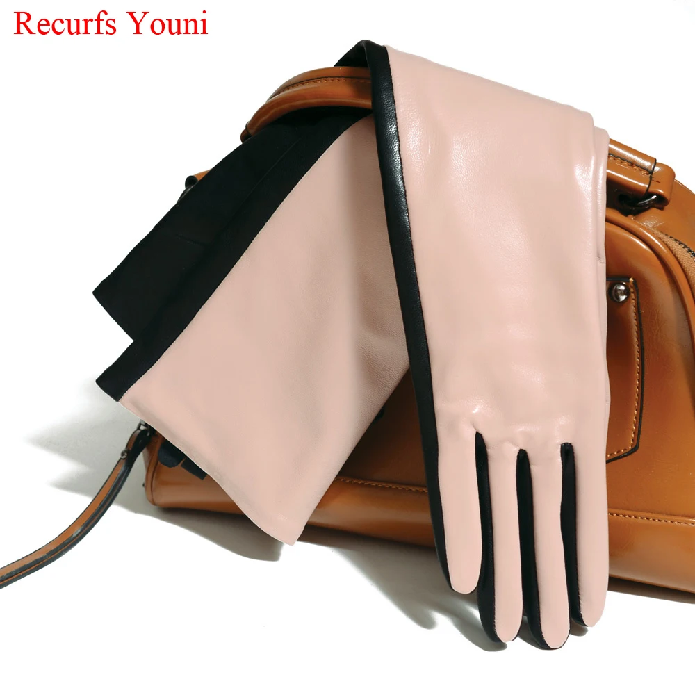 winter-women-genuine-leather-contrast-color-40-50-cm-long-gloves-female-pink-black-opera-evening-luva-mujer-street-deri-gantlet