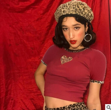 

Women's Short Sleeve Leopard Print Heart Crop Tops T-Shirt 2019 Summer New