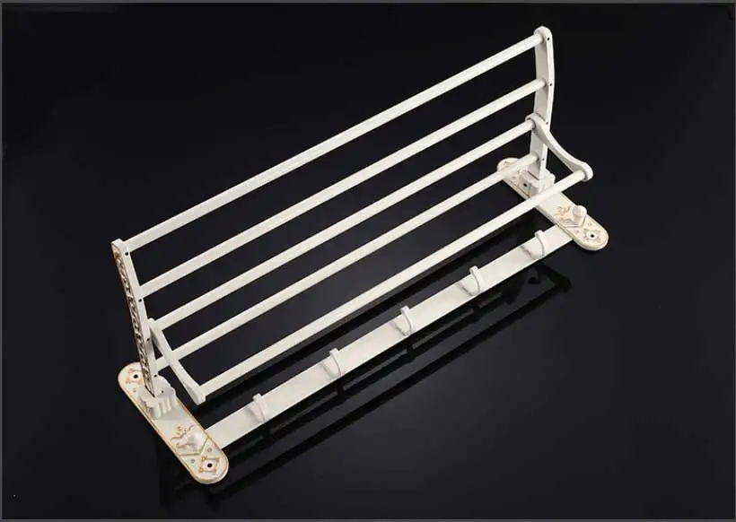 Foldable Antique Brass Bath Towel Rack Active Bathroom Towel Holder Double Towel Shelf With Hooks Bathroom Accessories white