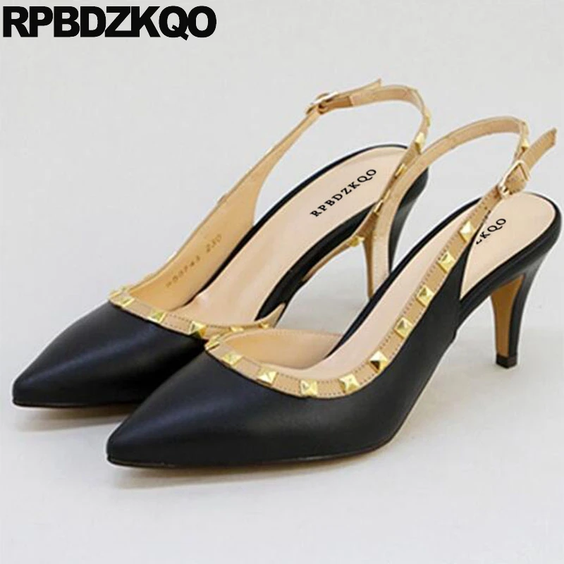 

Big Size Kitten Rivet Metal Medium Heels 11 43 Black Women Stud Shoes Thin Slingback High Leather Pumps Low Pointed Toe 12 44