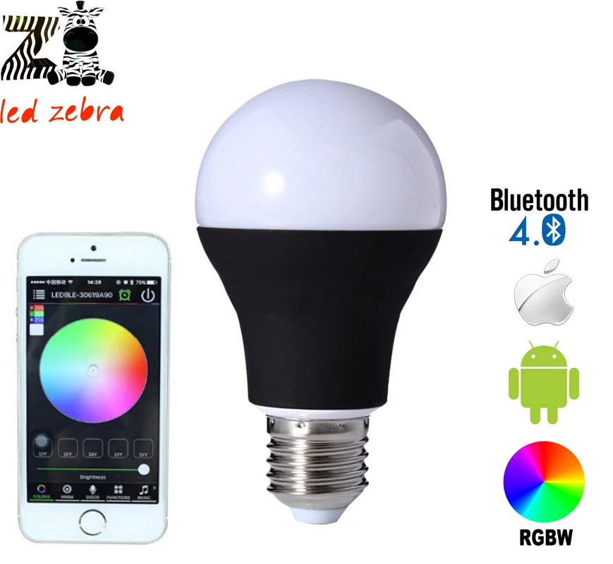 E27 7.5 Вт RGBW Bluetooth 4.0 светодиодные лампы, управления Смартфон 16 миллионов цветов, беспроводная Магия цвета Dimmable светильник AC85-265v