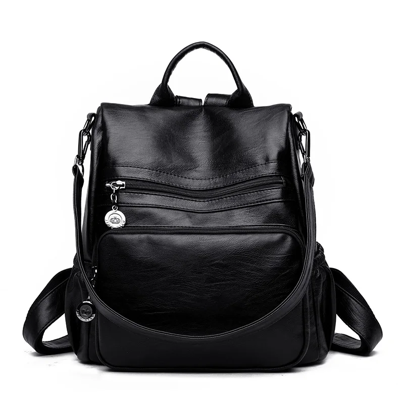 Повседневный женский рюкзак с защитой от кражи, кожаный рюкзак, Женский Большой Вместительный рюкзак, дизайнерская школьная сумка, простые сумки на плечо - Цвет: Black
