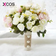 XCOS розовый белый свадебный букет Искусственный цветок ручной работы Свадебный букет из роз для украшения свадьбы
